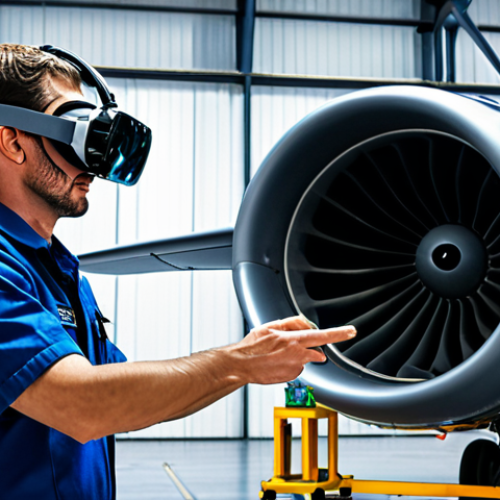 **

A modern aircraft maintenance hangar. An aircraft mechanic wearing an AR/VR headset is interacting with a holographic overlay of a jet engine. The scene is brightly lit with futuristic tools and displays. Emphasize technology and precision.

**
